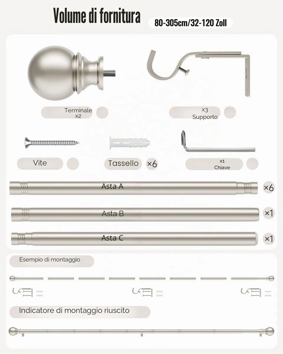 Bastone per tende 80-305 cm, Estensibile, Ø 25 mm, in metallo, con staffe incluse, supporta montaggio a parete e soffitto, per soggiorno, camera da letto e cameretta, nickel spazzolato