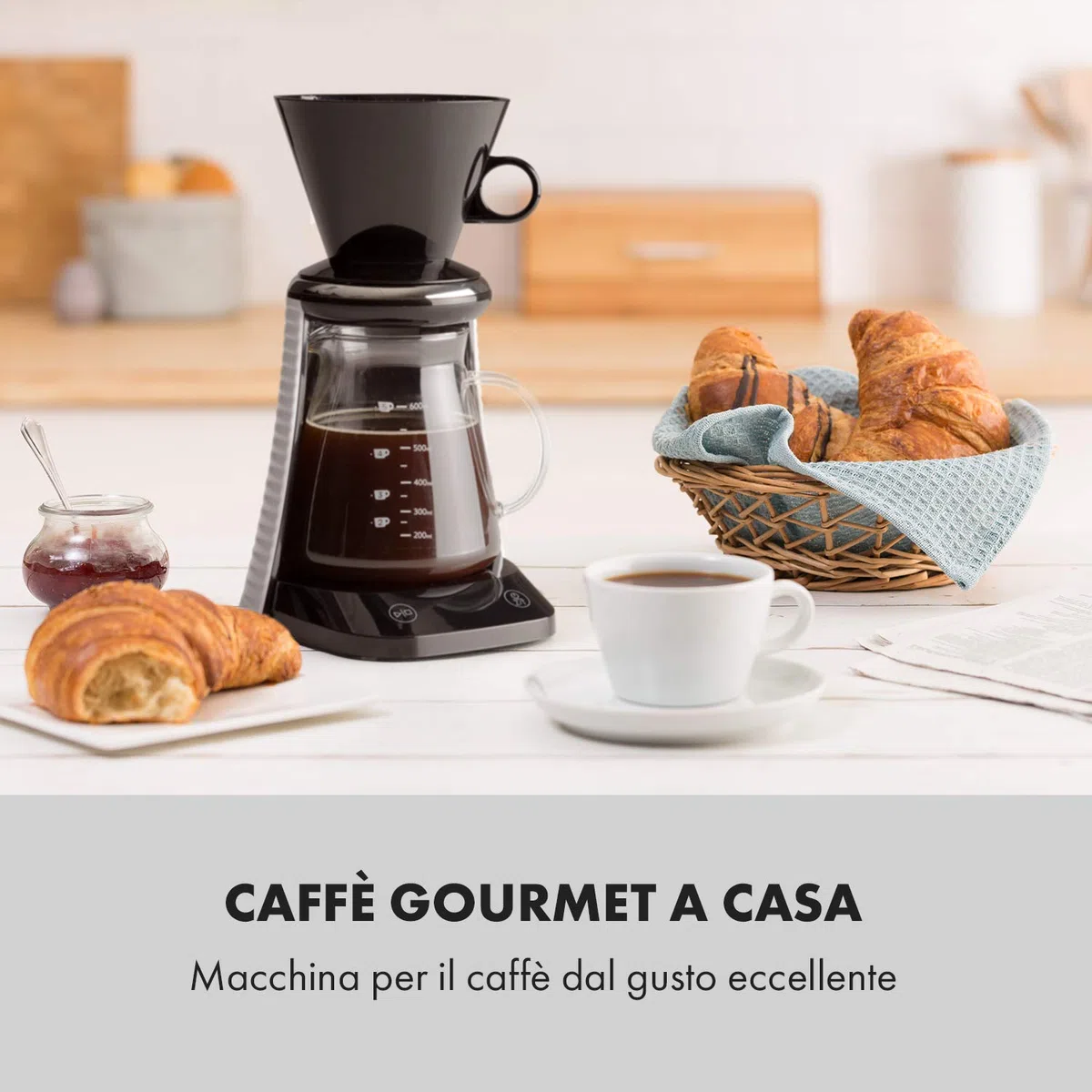 KLARSTEIN Craft Coffee - Caraffa per Caffè Artigianale, Pour Over, Caraffa in Vetro, Timer, Caffé Gourmet, Bilancia 600 ml, Display LED, Bianco/Nero