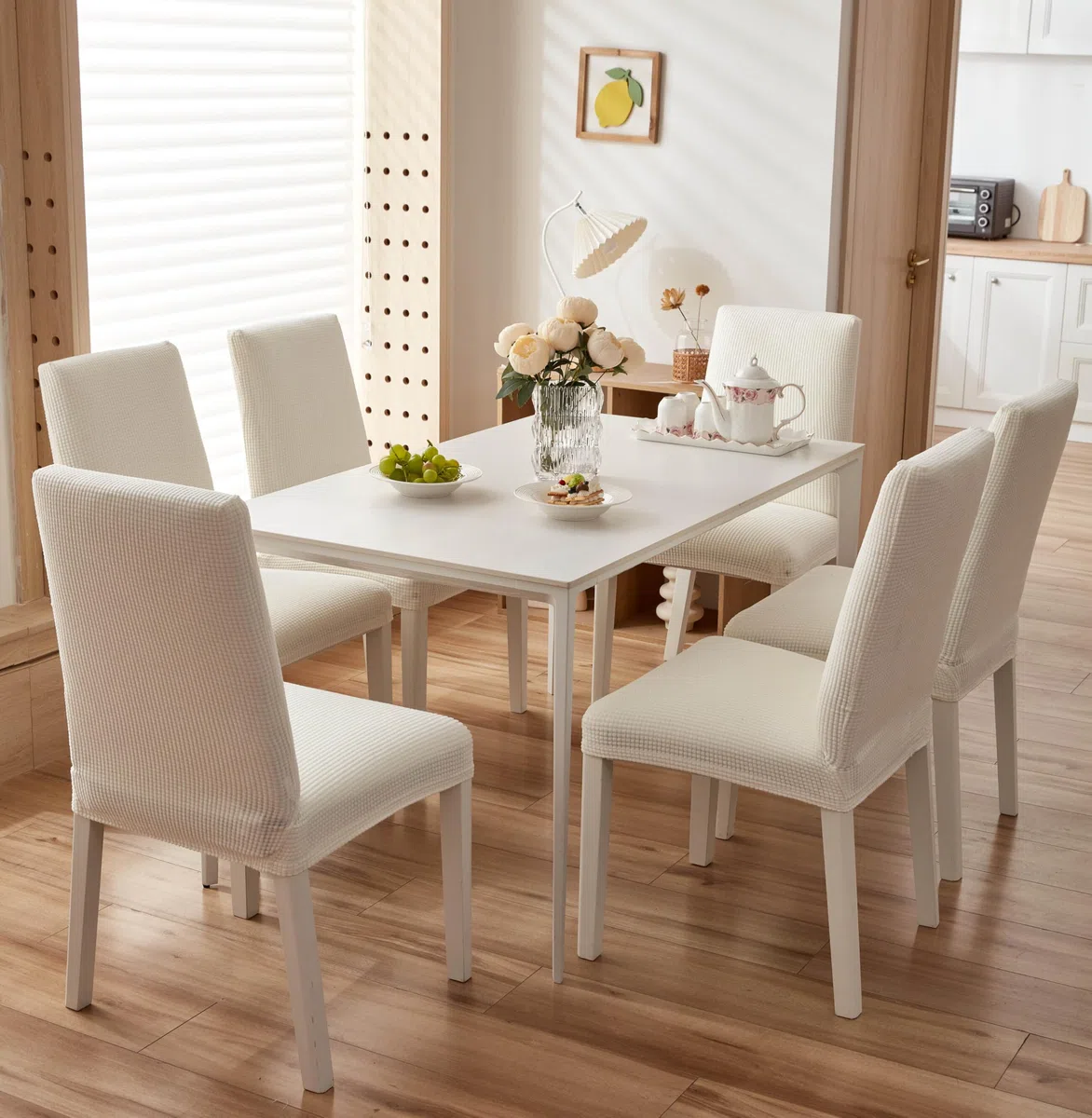 EBETA 6 Pezzi coprisedie con Schienale, Elasticizzato Copertura della Sedia, Copertura Fodera, Banchetto Sedia Sedile Slipcover Cerimonia di Nozze Posate da (Bianco latte, 6 Pezzi)