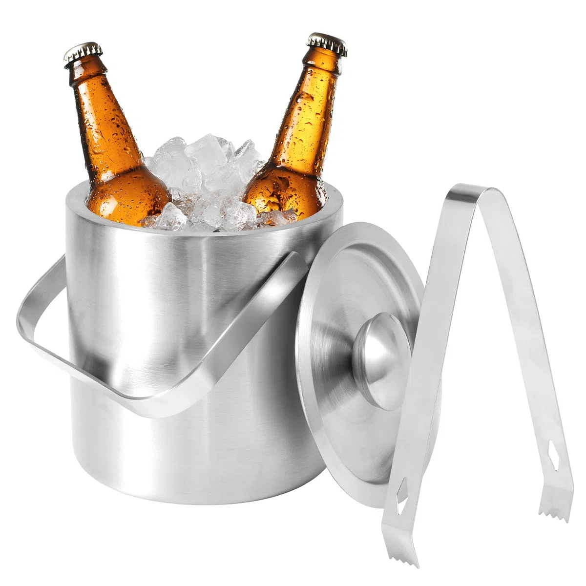 Gosknor Secchiello Ghiaccio in Acciaio Inox 1,3L con Coperchio e Pinze, Piccolo Contenitore Ghiaccio a Doppia Parete per Cocktail Birra Vino Mantiene Bevande Congelate più Lungo Casa Bar Feste