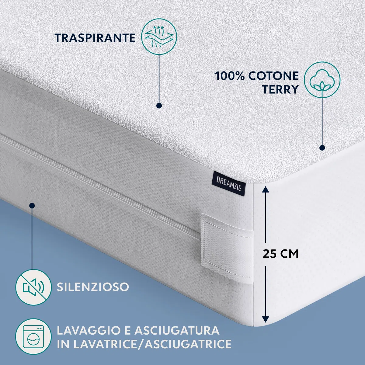 Dreamzie Coprimaterasso Matrimoniale Impermeabile 160x200x25 cm - Coprimaterasso Antiacaro Integrale con Chiusura a Zip per Allergici