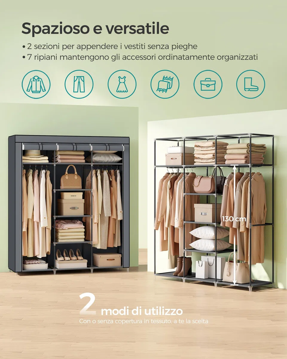 SONGMICS Armadio in Tessuto, Guardaroba Pieghevole con Barra di Sospensione, Appendiabiti, Scaffale per Borse, Giocattoli, Scarpe, Soggiorno, Camera da Letto, 150 x 45 x 175 cm, Grigio RYG12G