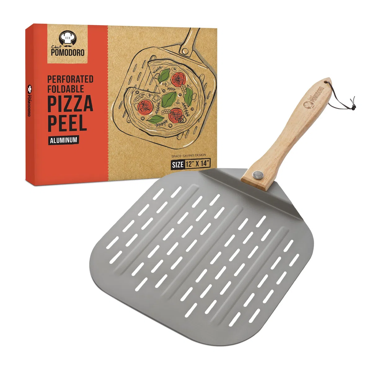 Chef Pomodoro Pala per Pizza Forata in Alluminio con Manico Pieghevole (30,5 x 35,6 cm), Pala per Pizza Corta, Compatta, Maneggevole e Facile da Riporre, Ideale per Pane Fatto in Casa