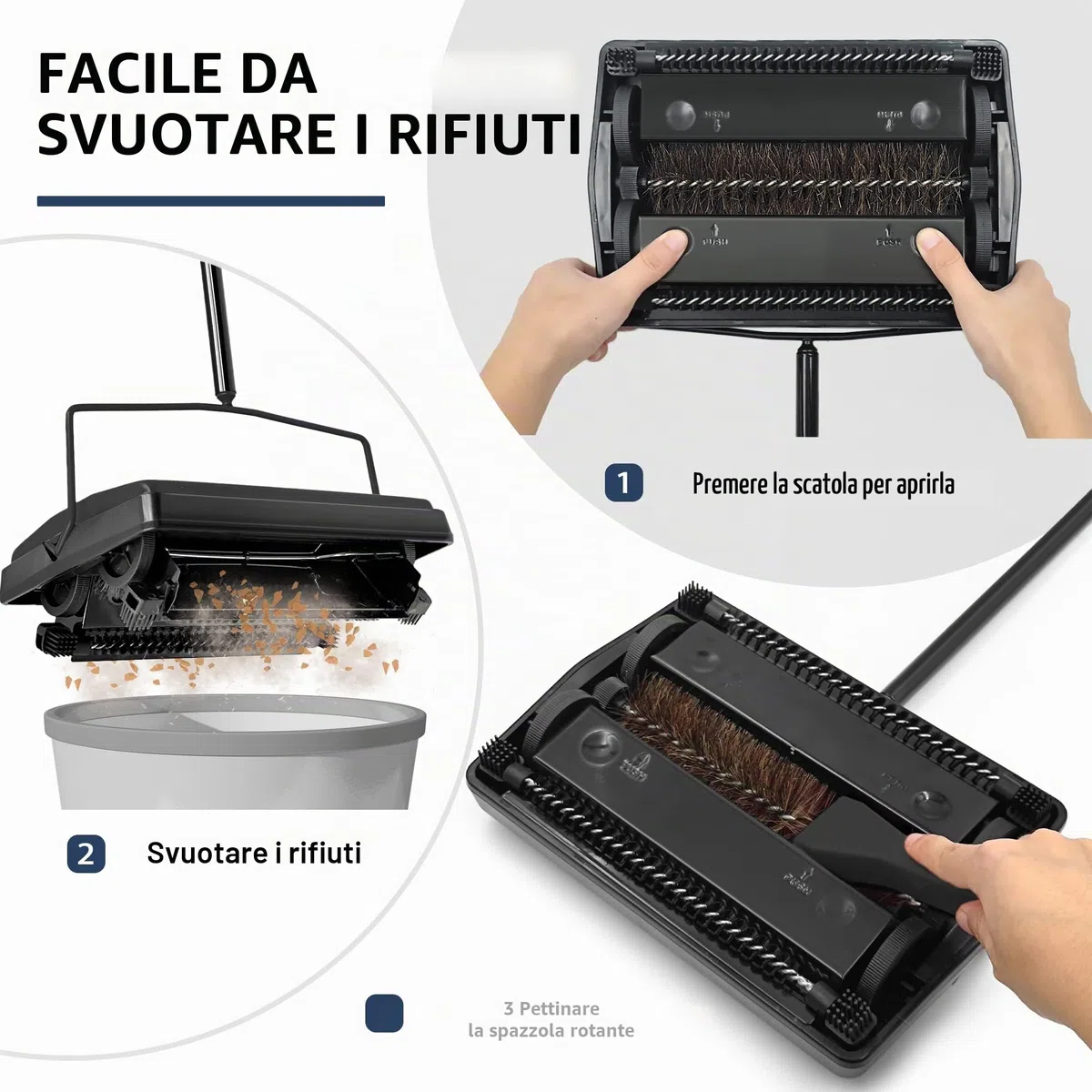 JEHONN Spazzola per Tappeti, Balai Meccanico Manuale con Crine di Cavallo, Senza Elettricità,Pulisci Tappeto e Moquette (Nero)
