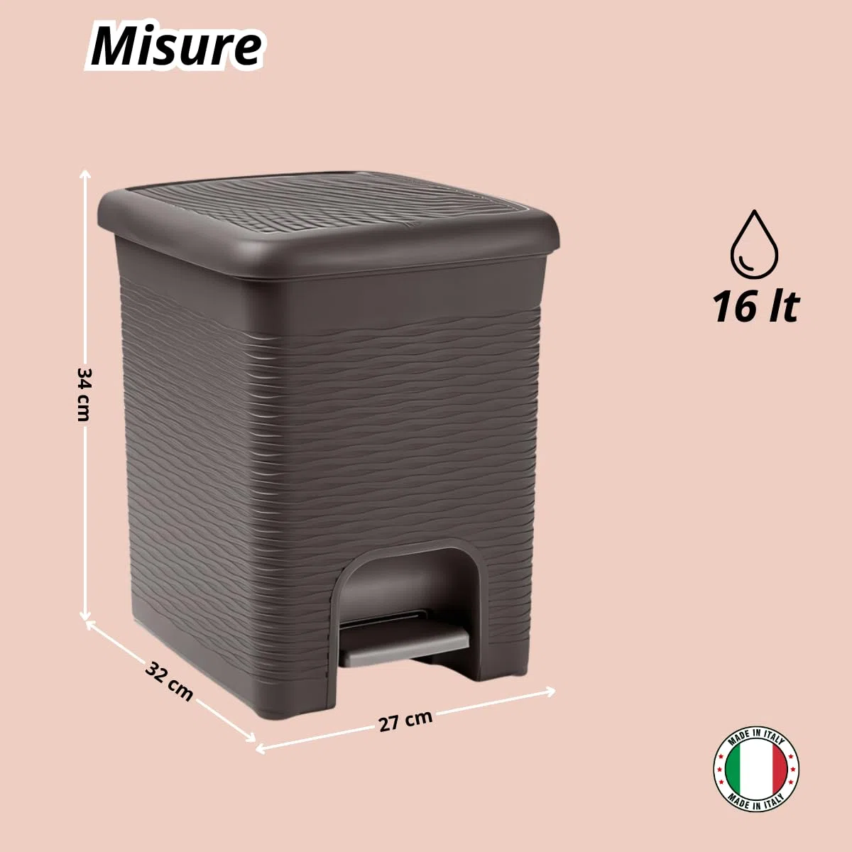 Tomaino - Pattumiera Bagno in plastica con pedale - Cestino da bagno con coperchio - Bidone immondizia Piccolo per Casa, Bagno, Ufficio, Interno, Camera (Tortora, 16 Litri)