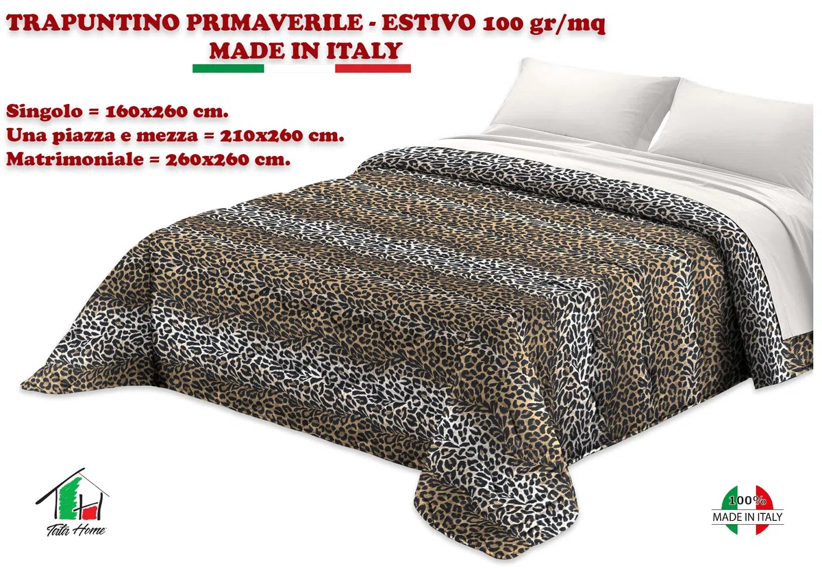 Tata Home Trapuntino Copriletto Trapuntato Primaverile Estivo 100 gr/mq Quilt Leggero Letto Una Piazza e Mezza 210x260 cm Fantasia Animalier Maculato Made in Italy Disegno Leopardato
