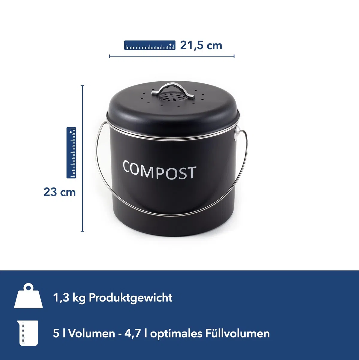 Hanseküche Bidone per compost da cucina, 5 l, di alta qualità, per rifiuti biologici, con 2 filtri a carbone attivo, pattumiera per rifiuti organici inodore con coperchio e manico