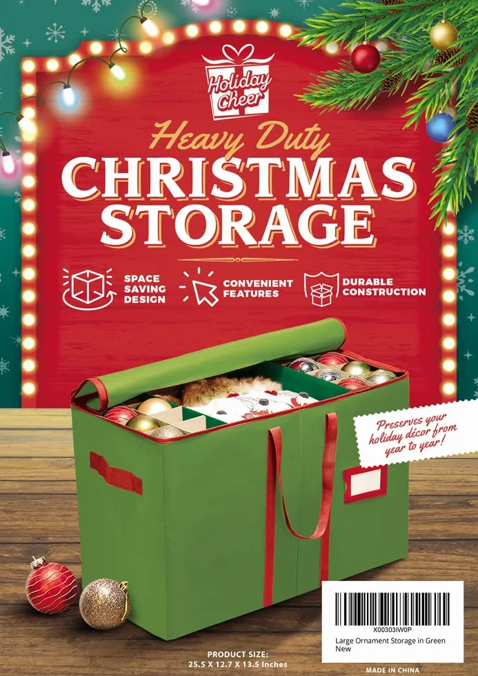 Holiday Cheer Contenitore per palline di Natale di alta qualità, perfetto per decorazioni natalizie e ornamenti, adatto per 128 ornamenti natalizi, tessuto antistrappo (verde)