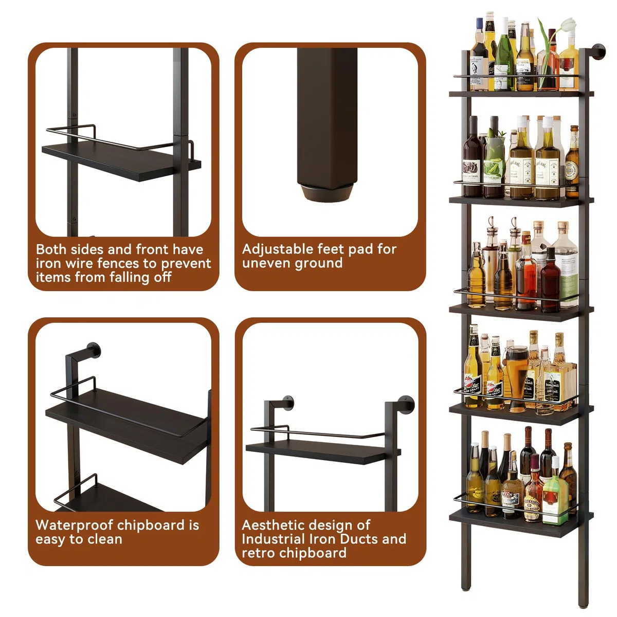 YMYNY 5-Tier scaffali di vino indipendenti, scaffale di esposizione bottiglie di liquore con recinzioni, scaffale galleggiante montato a parete per la cucina, 43 x 20 x 177CM Nero HWR001B