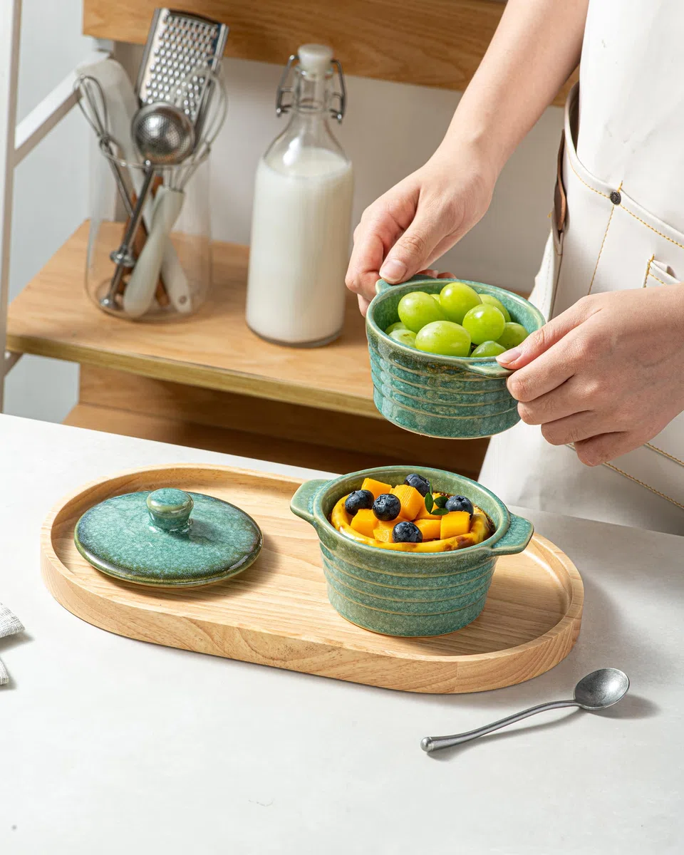 HENXFEN LEAD Mini Cocottes in gres porcellanato, 230 ml, pirottini per souffle con coperchio, set da 4 piccoli pirottini per casseruola, Verde Lucido
