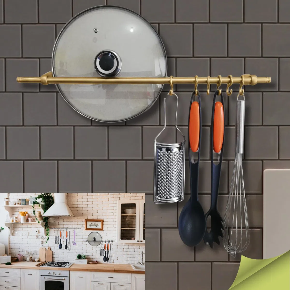 parpyon Porta Utensili da Cucina con Ganci, Barra Portautensili Cucina in Alluminio Porta Mestoli da Cucina per Gadget da Cucina Coperchio Mestolo (Oro Satinato, CM 100)