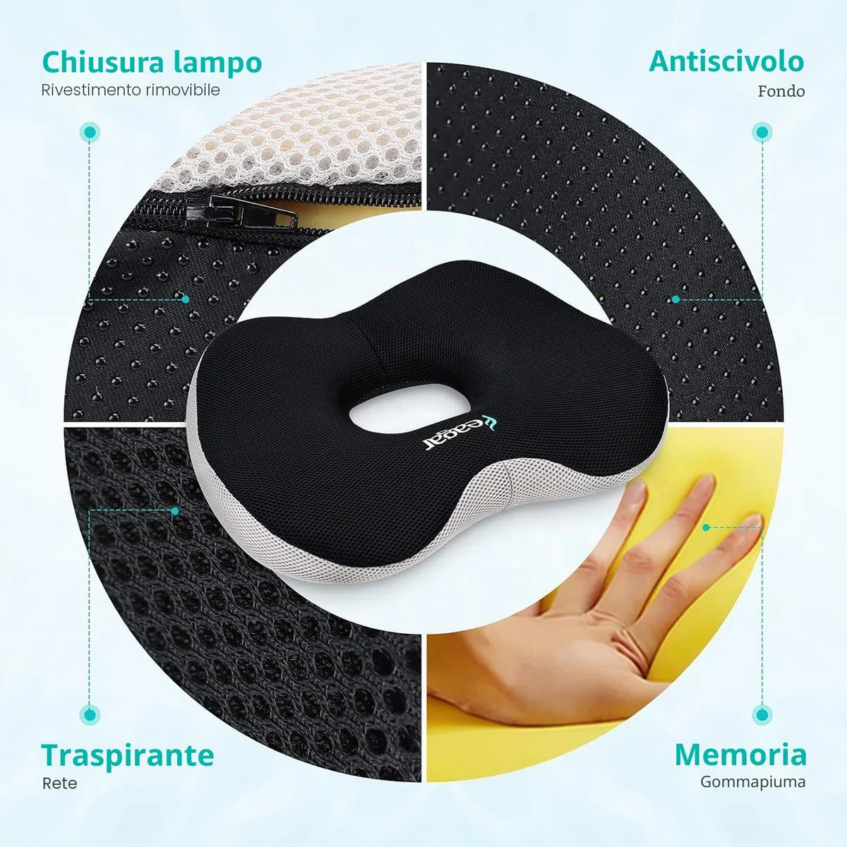Feagar Cuscino Ortopedico a Ciambella per Sedile - Supporto e Comfort per Emorroidi, Coccige e Schiena - Cuscino Ergonomico per Sedia da Ufficio, Auto e Sedia a Rotelle (H12)