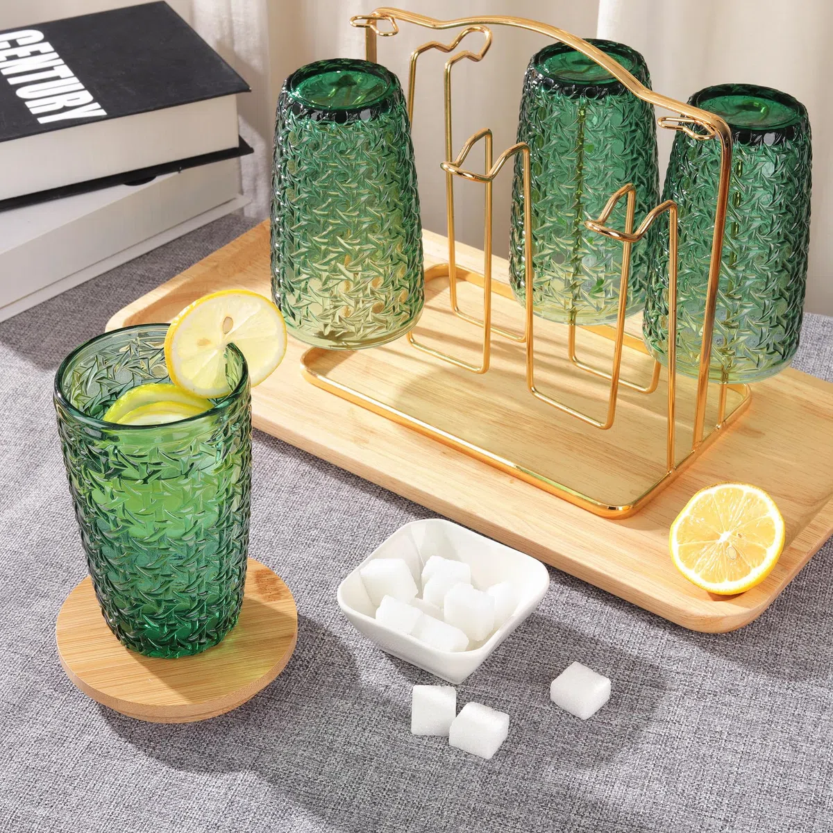 Joeyan Verde Bicchieri Acqua Vetro,Impilabile Colorati Long Drink Tumbler Highball Vetro per Succhi Bevande Cocktail caffè,380 ml,Set da 4 Pezzi,Lavabile in Lavastoviglie