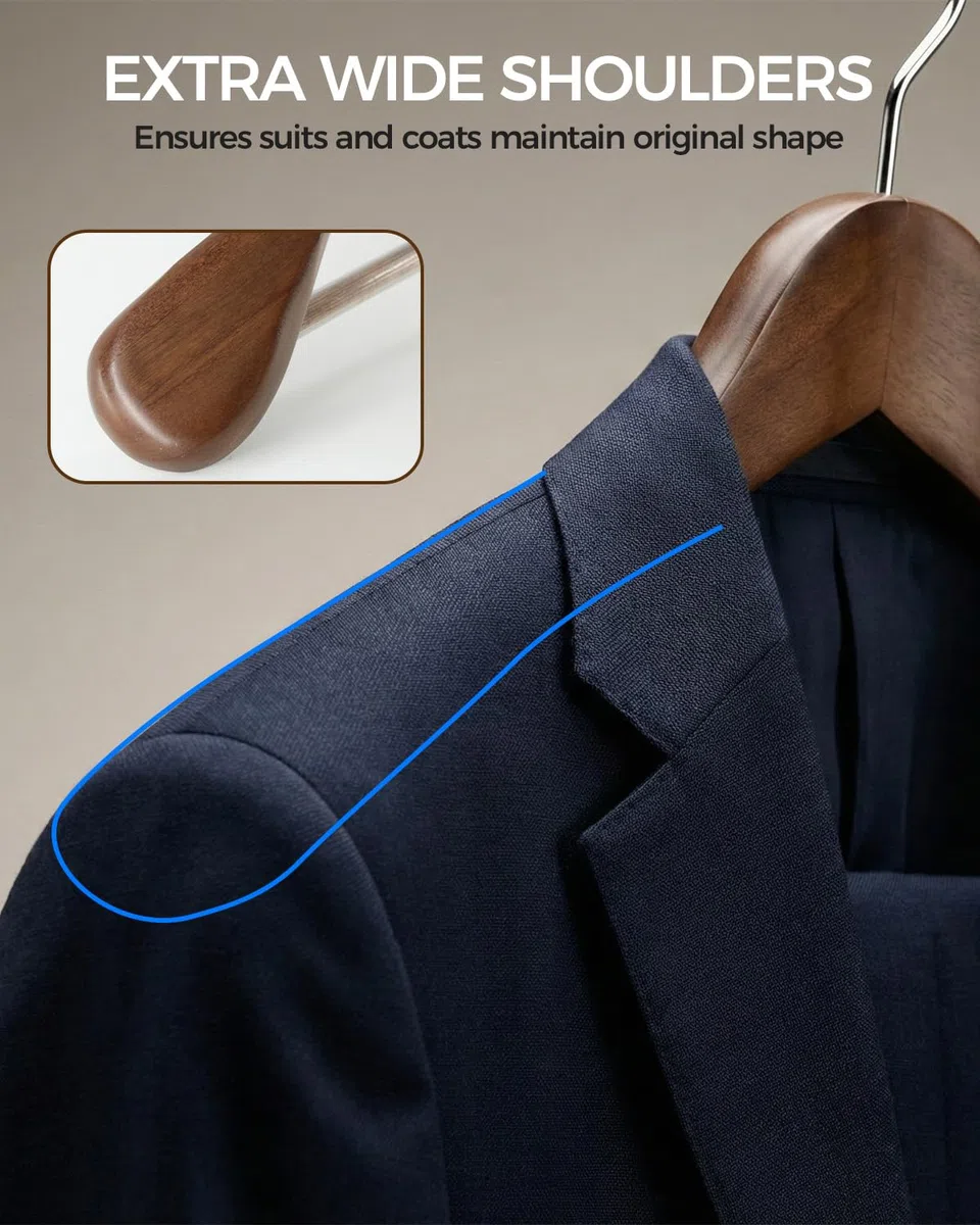 Confezione di grucce in legno a spalla larga, con barra antiscivolo per pantaloni, finitura liscia, in legno massello, per abiti e abiti (vintage, a spalla larga, in legno, confezione da 6 pezzi)
