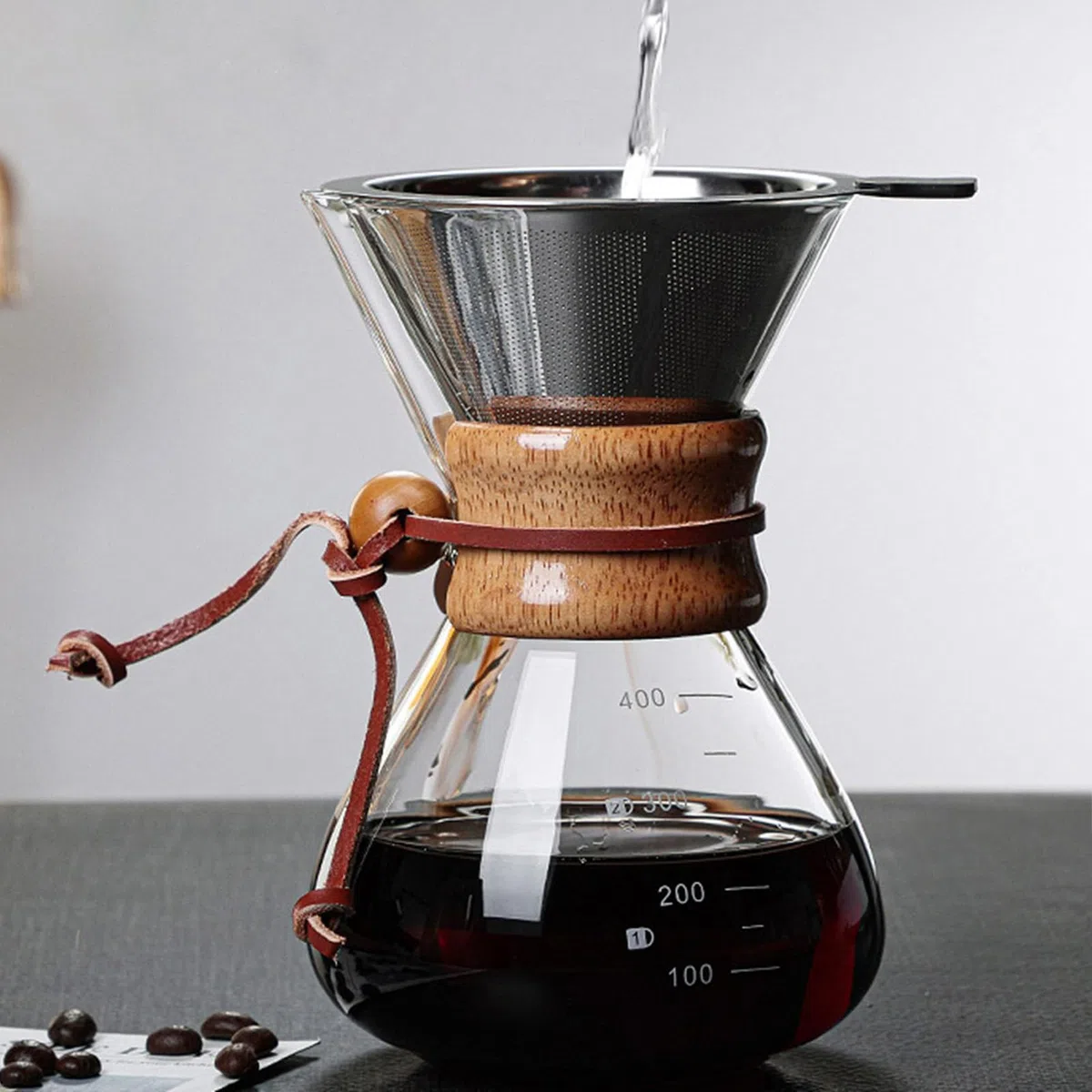 Coffee Brewer, Pour Over Coffee Maker 400ml Doppio Filtro Filtro per caffè con Maniche in Legno Adatto per Feste in Casa