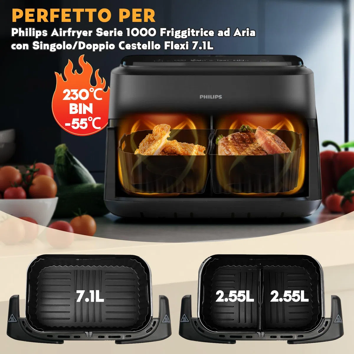 Accessori Friggitrice ad Aria per Philips Airfryer Serie 1000 7.1L, Riutilizzabile Customised Stampi Teglie & Griglia, per Philips Friggitrice ad Aria con Singolo/Doppio Cestello Flexi 7.1L(NA154/00) | 3 stampi in silicone per friggitrice ad aria, riutili