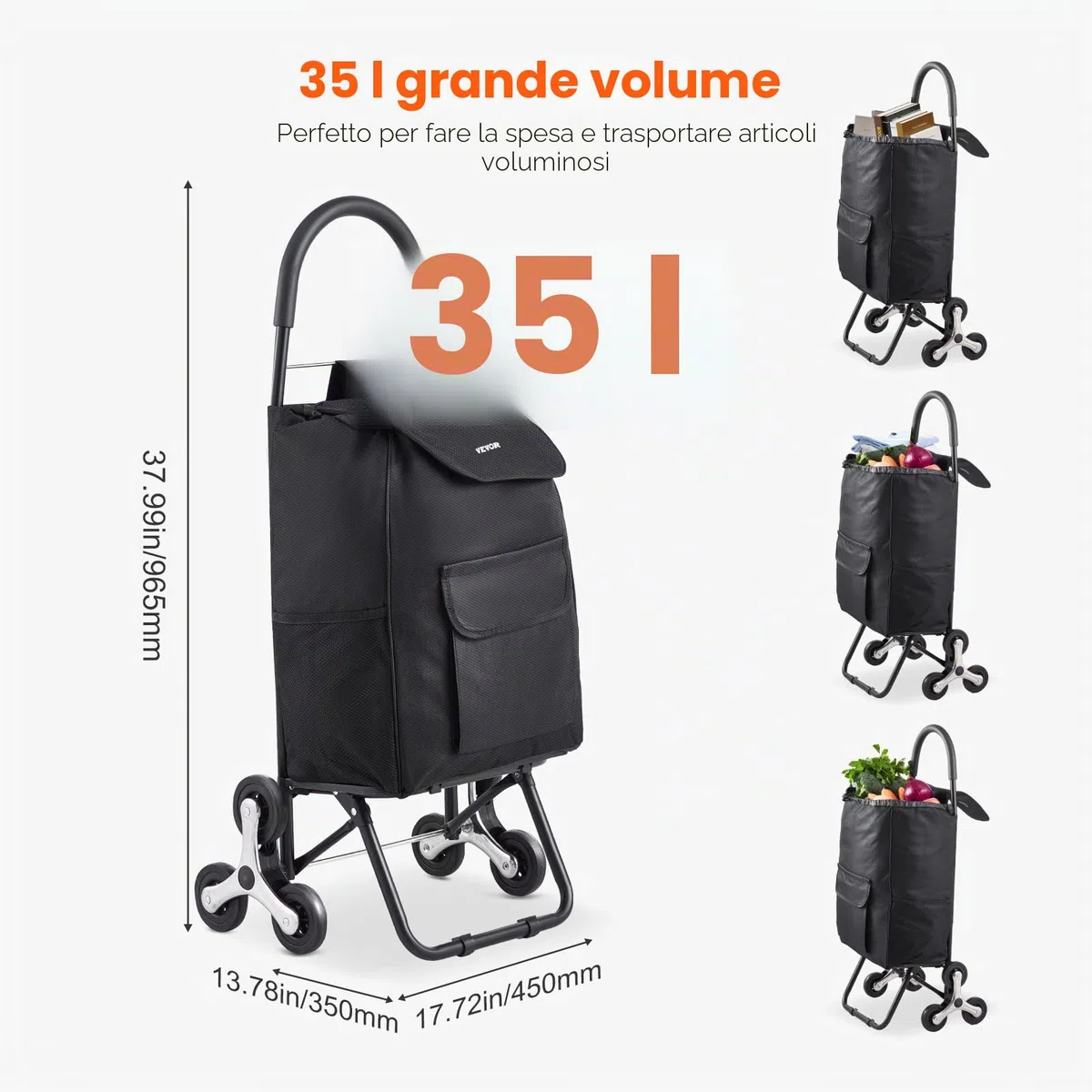 VEVOR Carrello Saliscale, Carrello Spesa Pieghevole da 36L, Carrello Spesa Carrello Lavanderia Carrello Saliscale con 6 Ruote e Borsa in Tessuto Oxford, Carrello Pieghevole per Spesa Lavanderia, Nero
