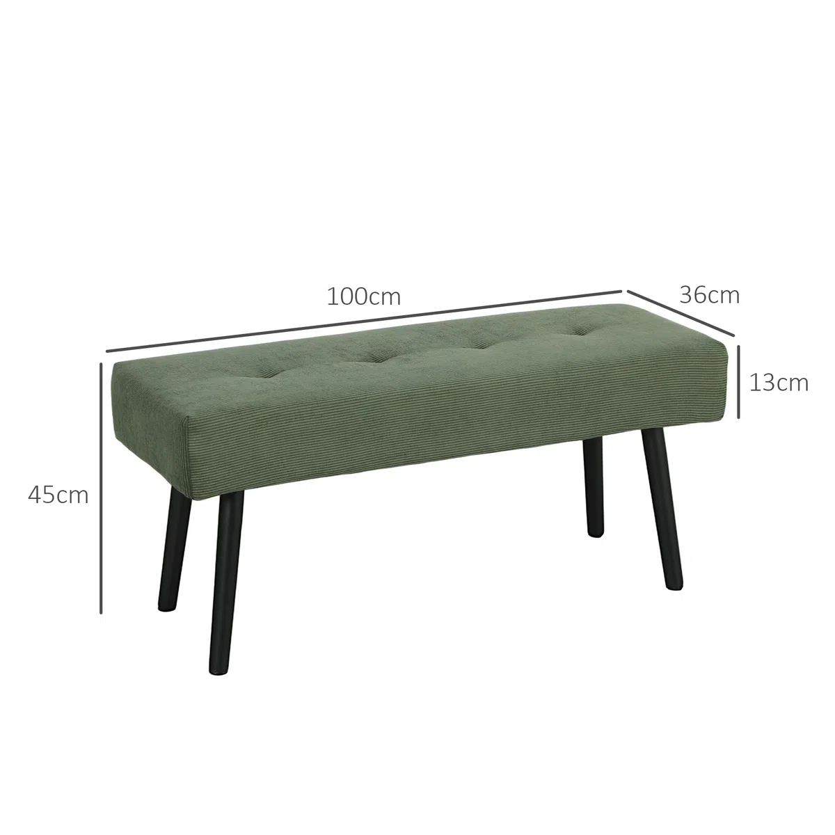 HOMCOM Panca per panca moderna con testiera imbottita in velluto a coste e gambe in acciaio nero, ideale per ingresso, soggiorno, camera da letto, carico 220 kg, 100 x 36 x 45 cm, verde