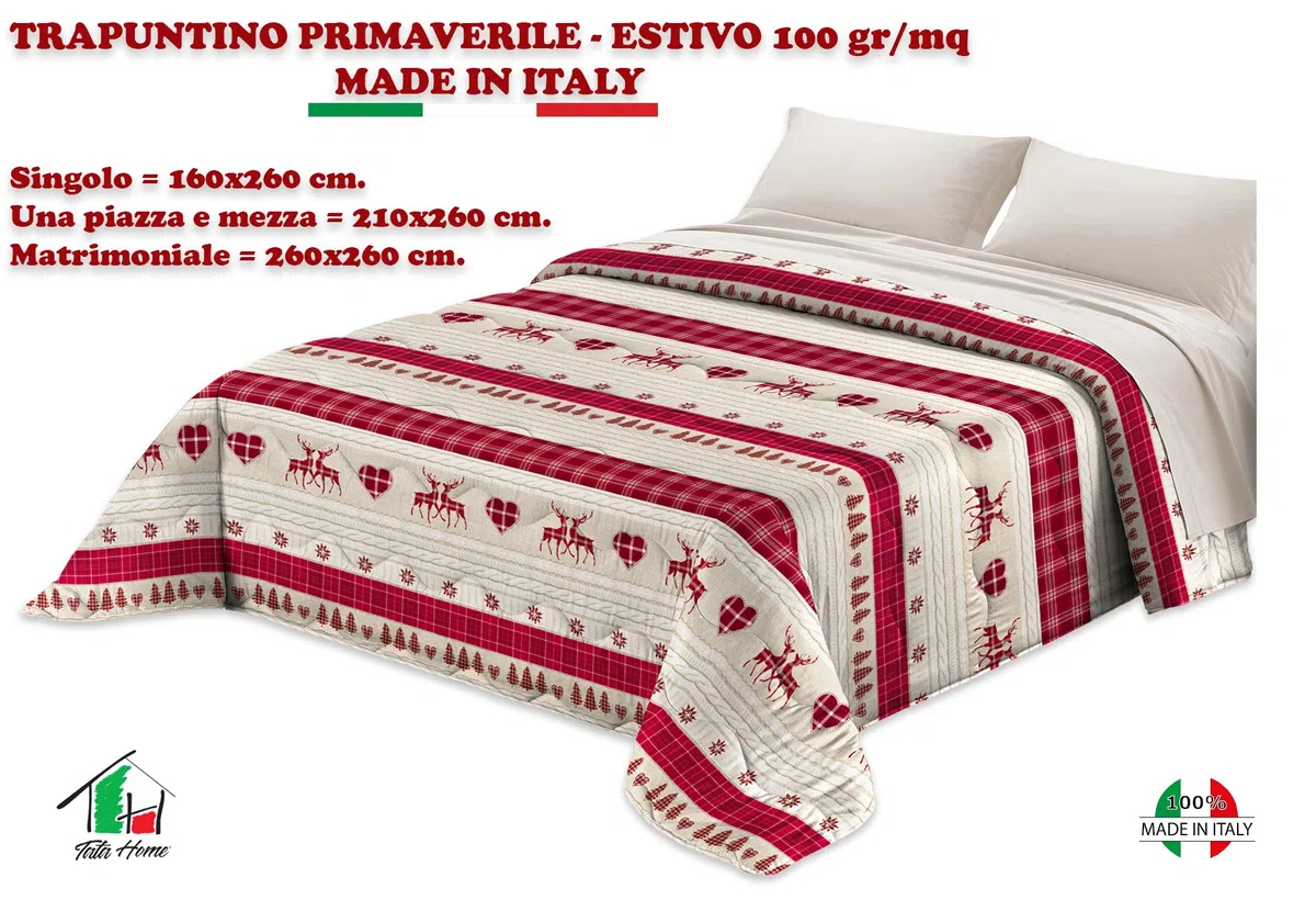 Tata Home Trapuntino Copriletto Trapuntato Primaverile Estivo 100 gr/mq Quilt Leggero Letto Due Piazze Matrimoniale 260x260 cm Fantasia Alpina Mod. Baita Tirolese Bordeaux