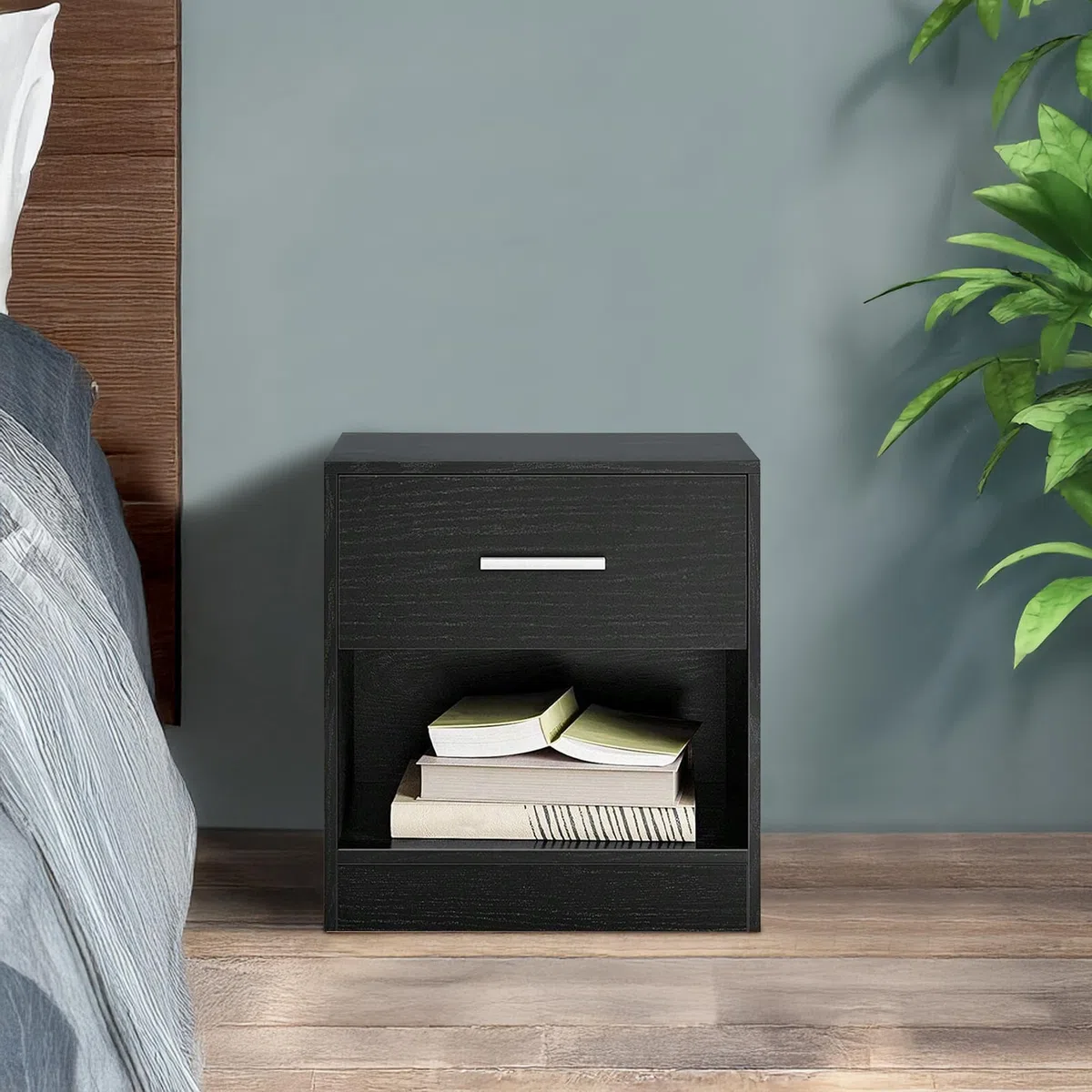 IlGruppone Comodino Moderno Cassetto con Maniglia E Scomparto Aperto Camera da Letto Portalibri Oggetti Mensola Libreria - Nero