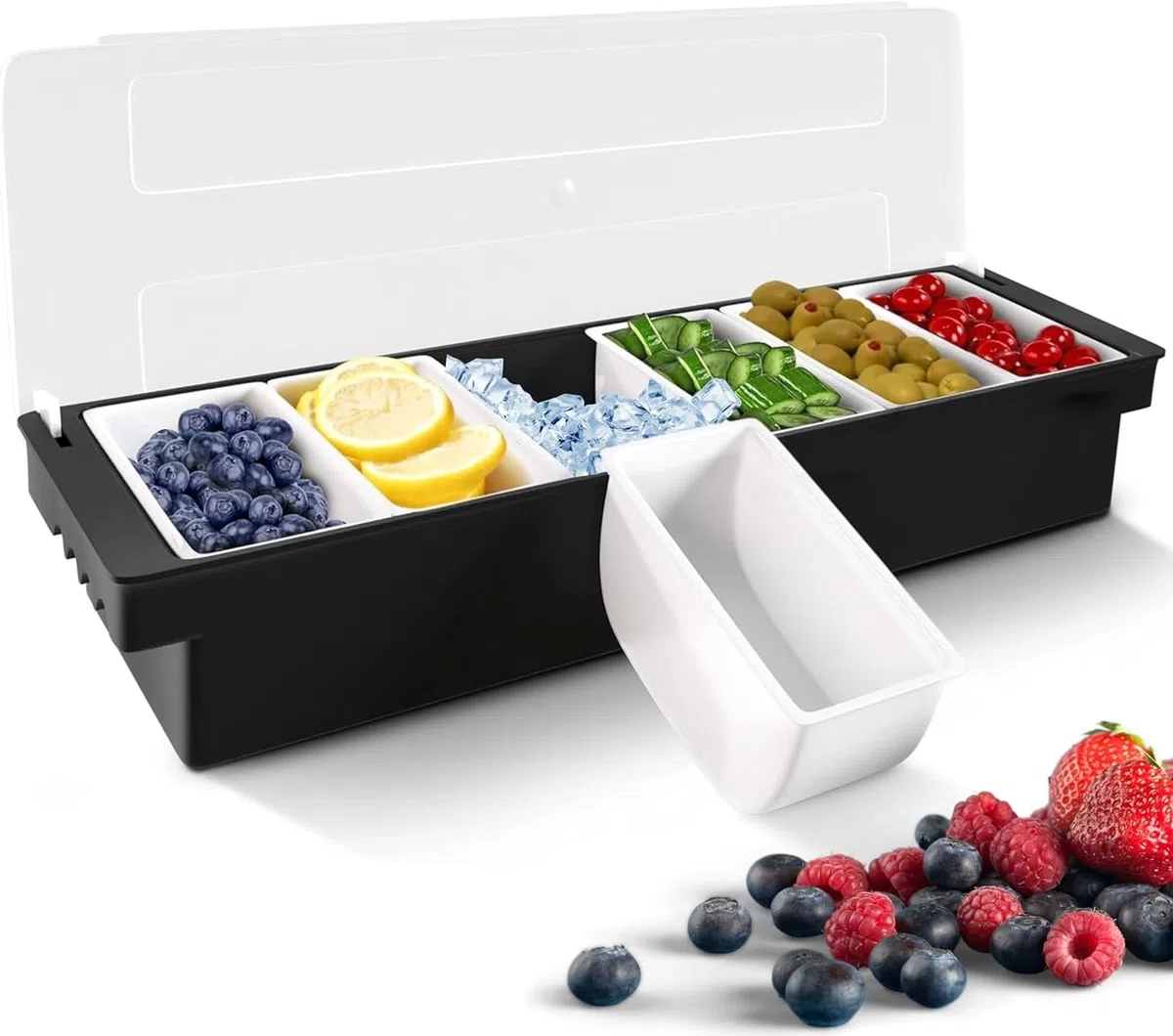 Contenitore per condimenti refrigerati con coperchio, vassoio per frutta e condimenti, con 6 piatti rimovibili, per macedonia di frutta, taco e verdura