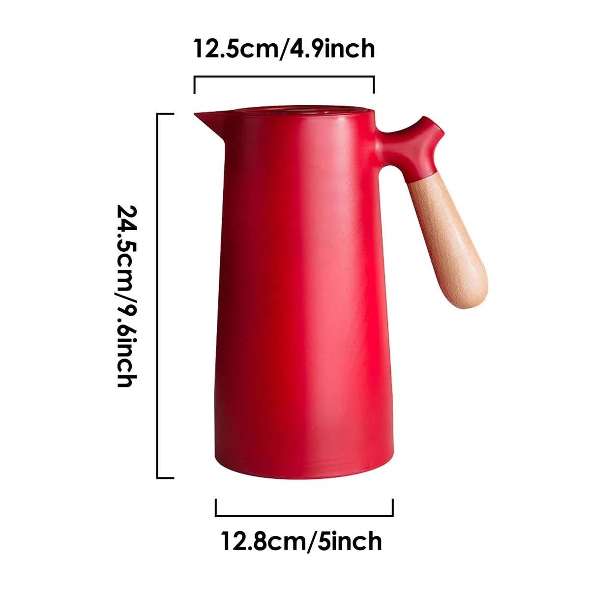 Caraffa Termica per Caffè da 1 Litro, Teiera per Caffè Sottovuoto a Doppia Parete con Rivestimento in Vetro per Caffè Isolato con Manico in Legno, Mantiene Caldo Freddo(Rosso)