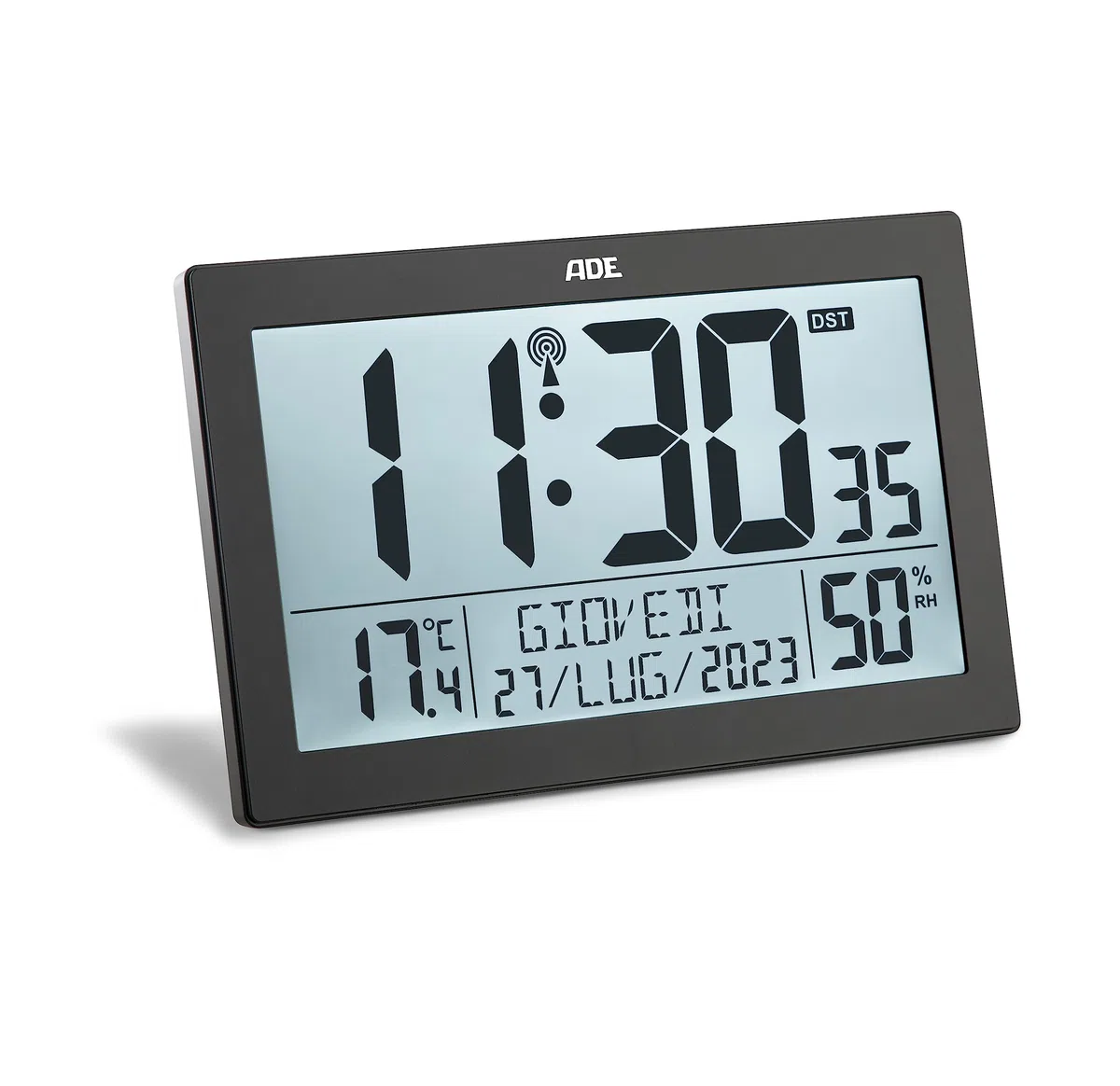 ADE Orologio digitale da tavolo o parete radiocontrollato | display XL | sveglia da comodino grande moderna | grandi numeri | con termometro e igrometro | perfetto per la cucina | nero