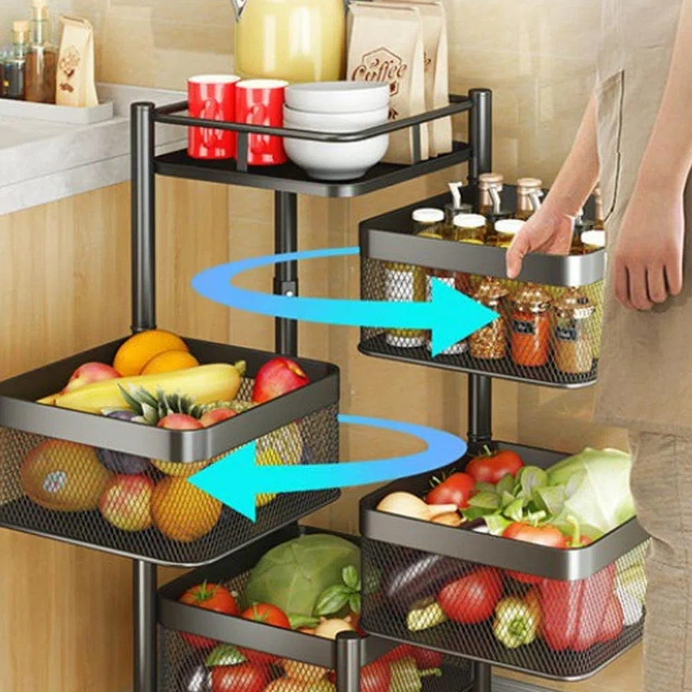 BAKAJI Carrello Trolley Cucina in Metallo con 5 Ripiani a Cesto Apribili e 4 Ruote girevoli a 360 Gradi Trolley Salvaspazio Arredamento Casa Cucina Dimensione 85 x 26 cm Design Moderno (Quadrato)