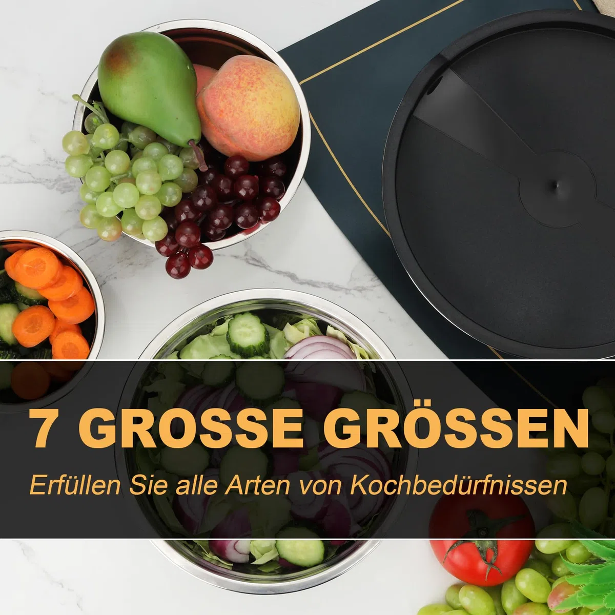 hunnycook set di insalatiera per la miscelazione da 7 pezzi, ciotola acciaio inox cucina con coperchio 5L, 4.5L, 4L, 2.4L, 1.7L, 1.25L, 0.8L, set ciotole cucina impilabili, lavabili in lavastoviglie