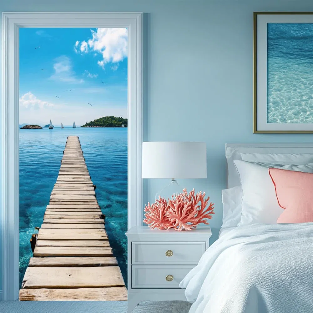 arricraft 2 pz adesivo porta Autoadesivo, 31.5"X78.7" Adesivi Murali per Porte A Tema Marino con Motivo A Ponte di Gabbiani Carta Da Parati In PVC Decorazione per Camere Da Letto Soggiorno