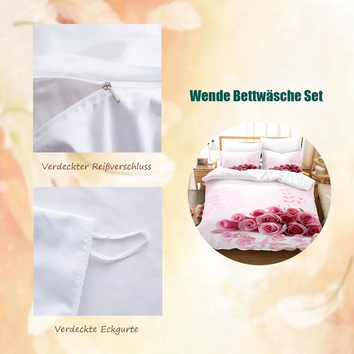 Set Copripiumino 3 Pezzi con Motivo Rose 3D, Biancheria da Letto con Fiori Rossi e Cuori, Romantico per Adulti (A, 220 x 240 cm)