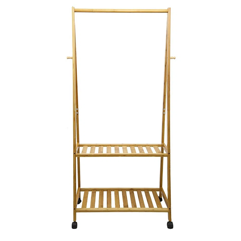 BAKAJI Stand Appendiabiti in Legno di Bambu per Camera da Letto Ingresso con Ruote Girevoli 2 Ripiani Porta Abiti Asta per Grucce e Ganci Laterali Dimensione 70 x 33 x 153 cm Colore Bamboo Naturale