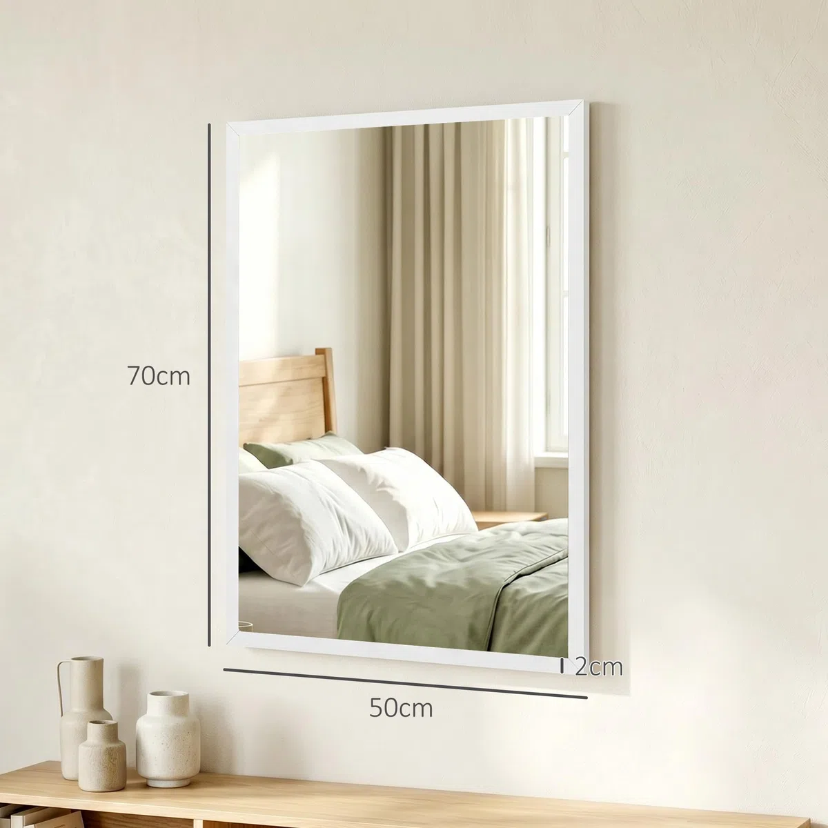 HOMCOM Specchio Bagno Parete Rettangolare con Ganci, Specchio da Camera in Vetro e MDF, 50x70 cm, Bianco