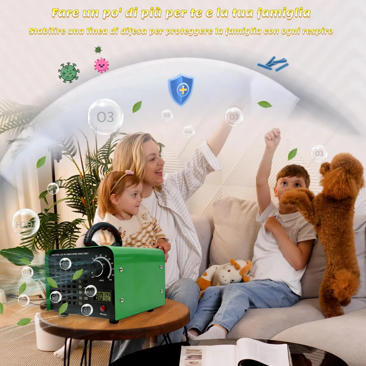 Generatore di Ozono 40000mg/h DawnMeet, Ozonizzatore con Termoigrometro, 300㎡ Ozonizzatore per Casa e Auto per Odori di Animali Domestici Cucina Hotel Uffici Garage Agricola Timer da 120 Min Verde