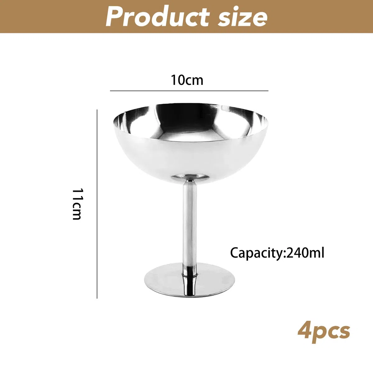 4 Pezzi Coppe Gelato Acciaio Inox 240 ml Coppette Gelato con Piede Tazza Coppe Dessert in Acciaio Inossidabile Ciotole da Dessert per Budino Yogurt Frutta Insalata (10 x 11 cm)