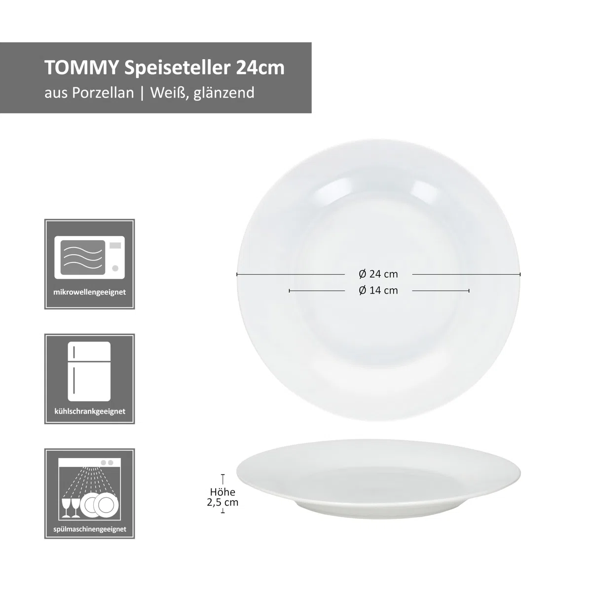MamboCat Tommy - Set di 6 Piatti Piani, Ø 24 cm, in Porcellana Bianca per 6 Persone, Grandi per Pasti Principali, Grigliate & Co. I per Colazione, Pranzo, Caffè e Pane