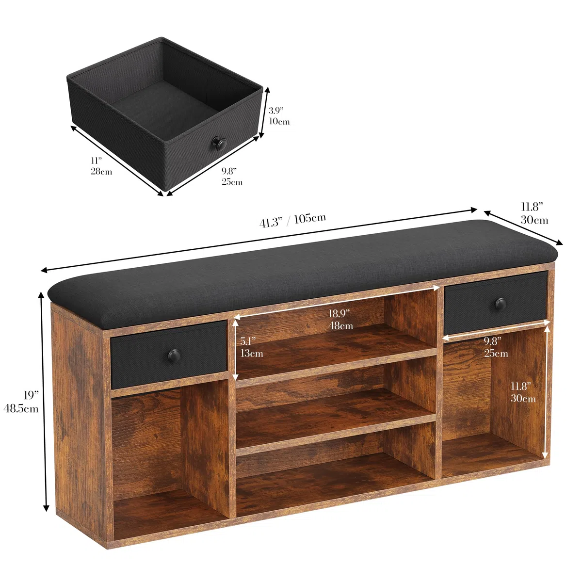 YITAHOME Panca Scarpiera, Scarpiera Ingresso con Sedile Imbottito, Panca Contenitore con 2 Cassetto e Scomparti Aperti, per Ingresso, Soggiorno, Camera da Letto, 30x105x50 cm, Marrone e Nero