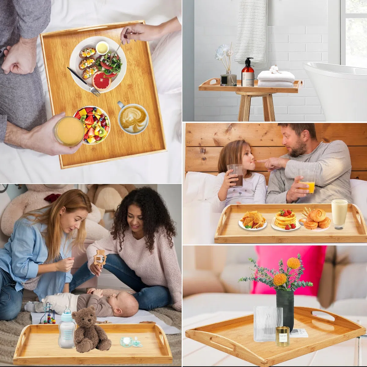 Vassoi in legno extra grandi per servire cibo, vassoio rettangolare in bambù con manici per colazione e cena, vassoio in legno per servire tè, caffè e snack (50 x 40 CM)
