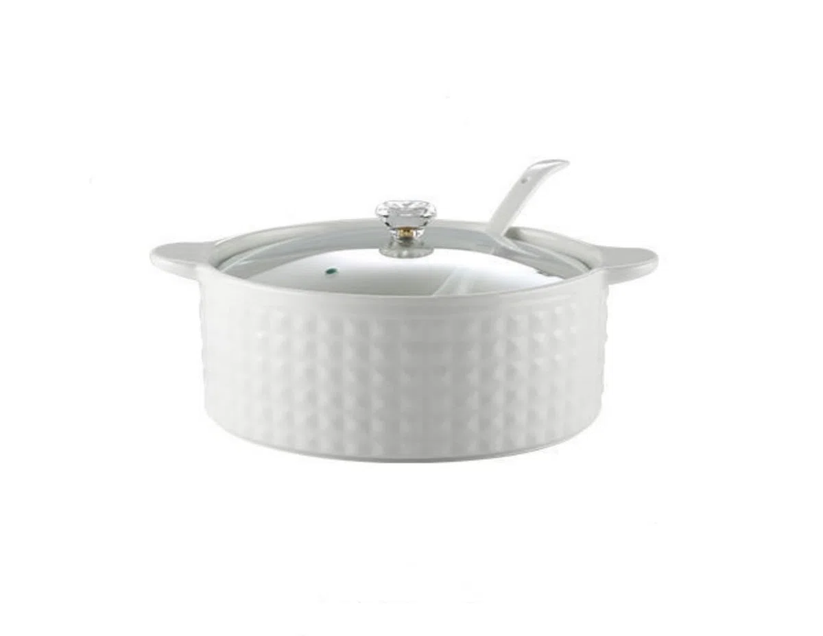 Tureen da zuppa con coperchio e mestolo, set da 2 l, in ceramica con coperchio in vetro, ciotole da zuppa con doppio manico, porcellana, bianco, adatto al microonde e lavastoviglie