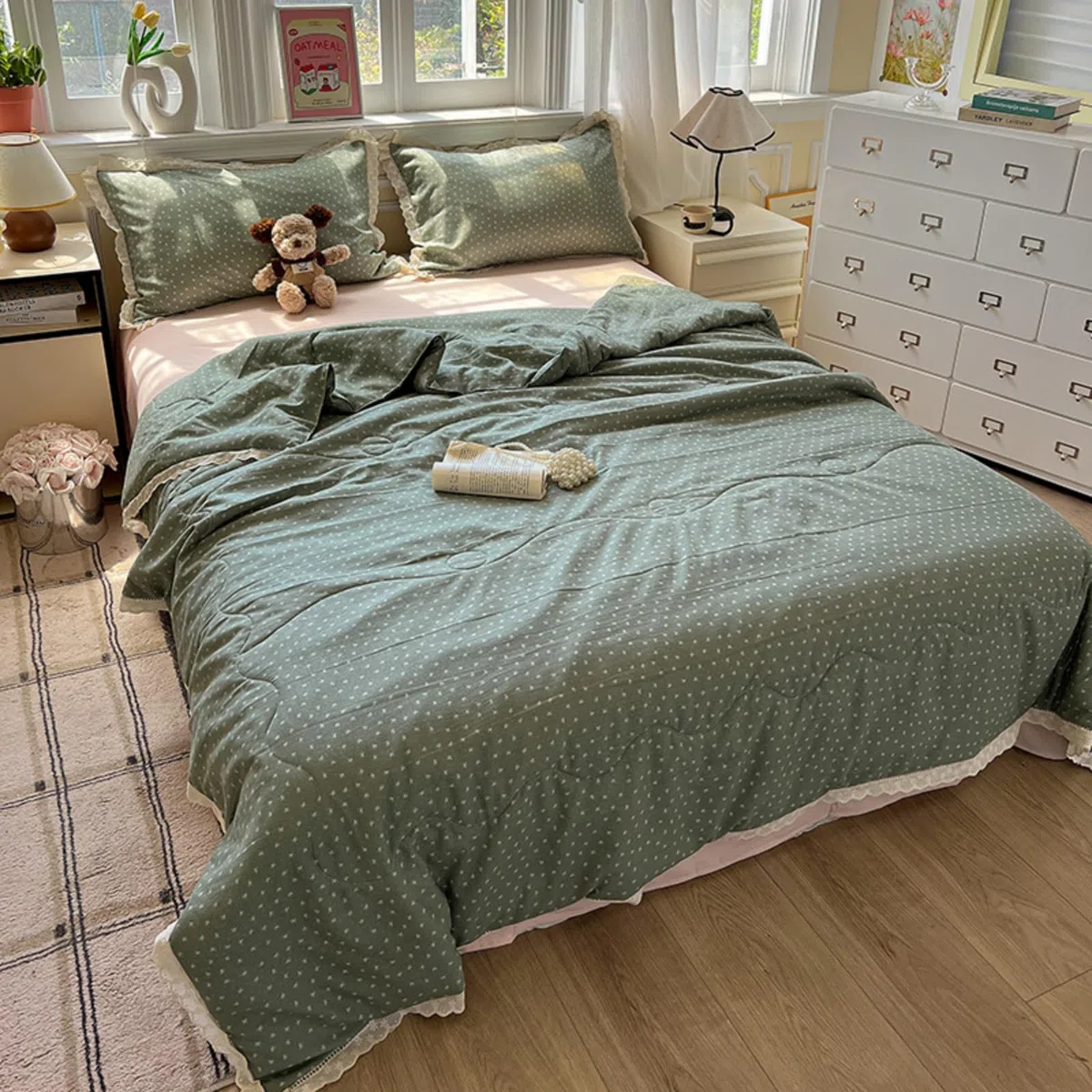 Odot Trapunta Piumino Estivo Reversibile, 4,5 Tog Cotone Trapuntino Copriletto Leggera Primaverile Coperta Trapuntatura Morbido per Letto Matrimoniale (Pois verde salvia,200 * 230cm)