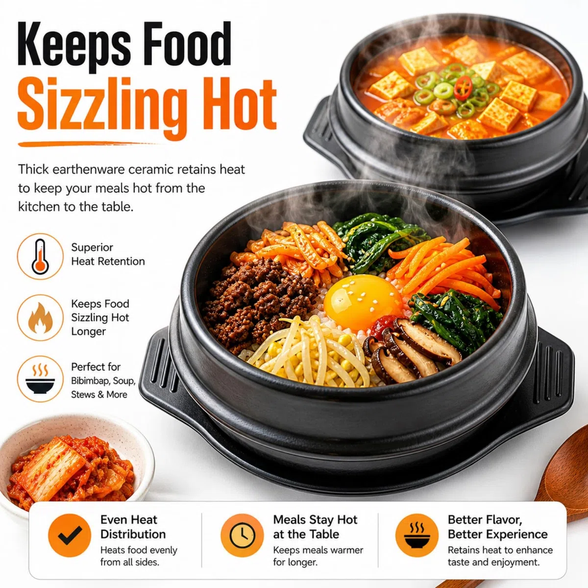 Ciotola di pietra (spodumene), coreana, per bibimbap, resistente alle alte temperature, con vassoio, Ceramica, Black, 1500ml