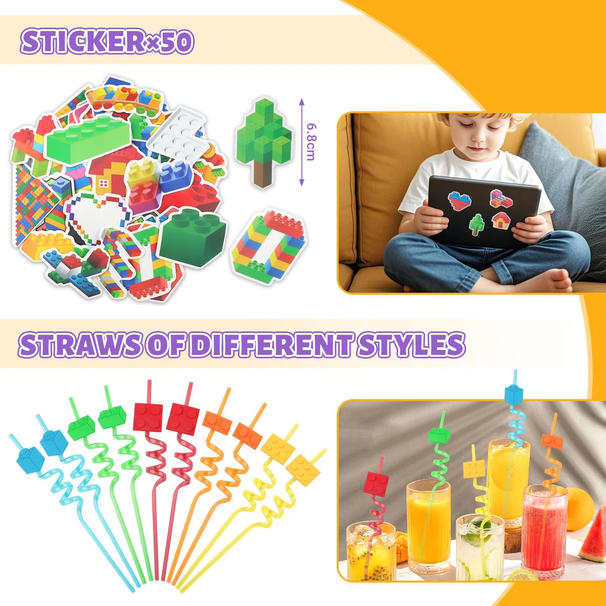 110 Pezzi Set Regalo Mattoncini Compleanno con Quaderni, Braccialetti Slap, Sacchetti di Regalo con Motivo a Mattoncini, Portachiavi, Cannucce, Regalo, Braccialetti per Bambineini e Bambine