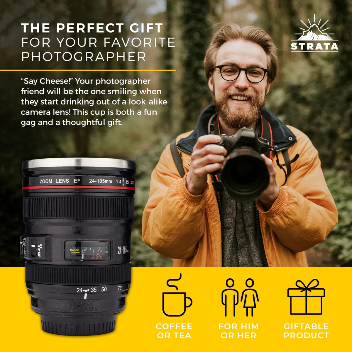 STRATA CUPS Tazza Teleobiettivo da Viaggio 400 ml + 2 COPERCHI + CUCCHIAIO - Mug Termica per Caffè in Acciaio Inossidabile a Forma di Obiettivo di Fotocamera Reflex, Regalo Originale per Fotografo