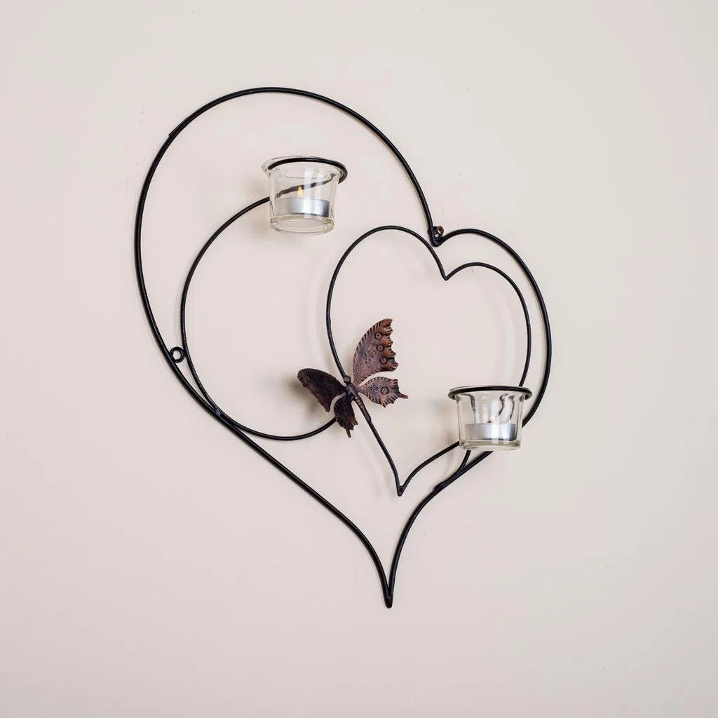 DanDiBo Portacandele da parete, a forma di cuore, in metallo, altezza: 39 cm, nero