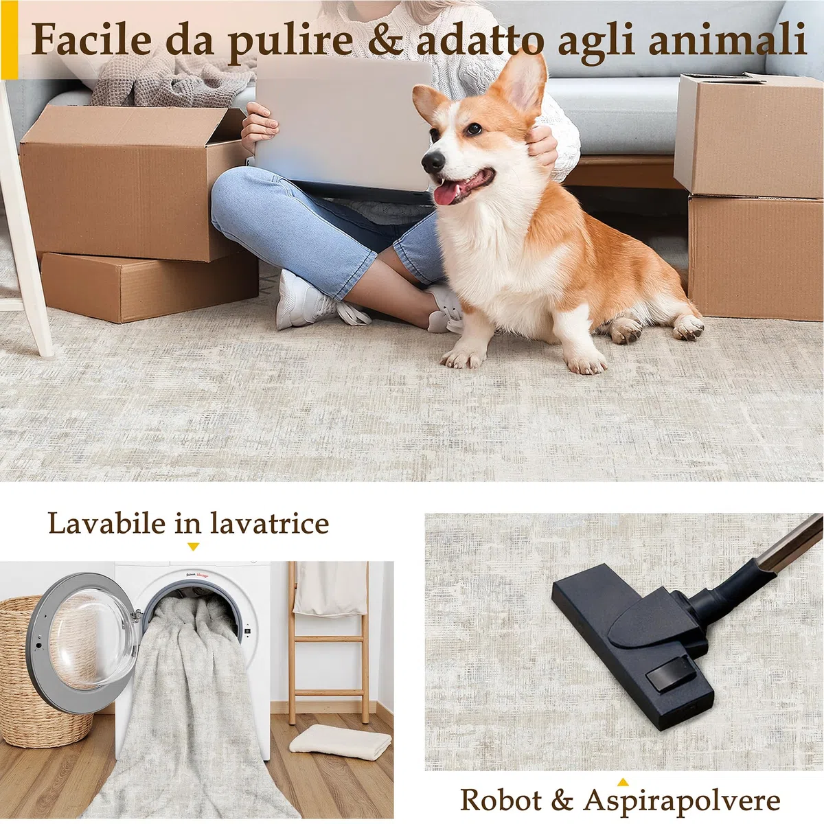PureCozy Tappeto Salotto Tappeti 120x170cm Beige Lavabile in Lavatrice Antiscivolo Moderno Astratto Naturale Grande Carpet Cameretta Scendiletto Camera da Letto Ufficio Pelo Corto
