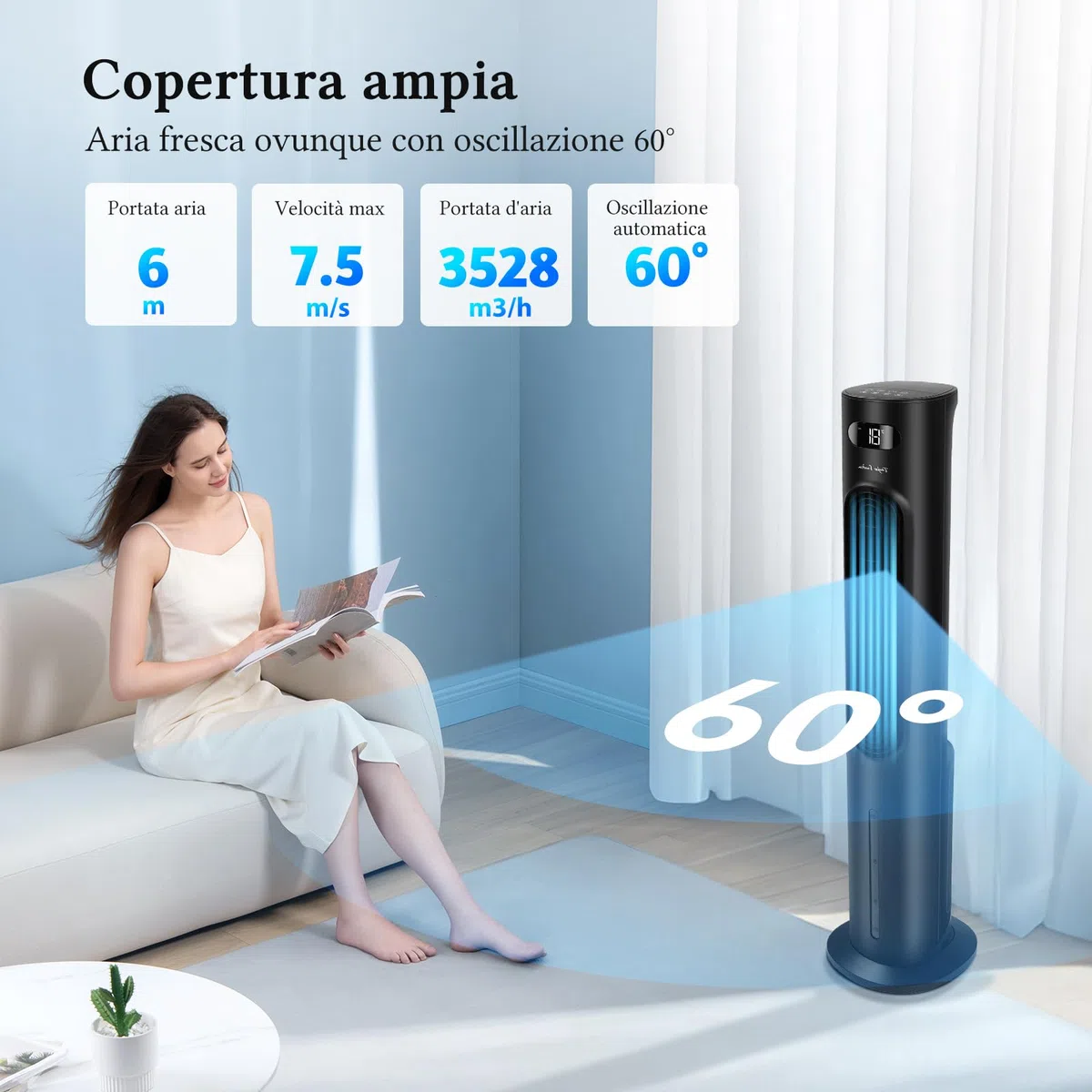 Taylor Swoden 3 in 1 grande raffrescatore d'aria portatile, Raffrescatore evaporativo silenzioso con serbatoio da 6 l, timer da 12 ore, 3 modalità, 3 velocità, telecomando, oscillazione, 95 W, Nero