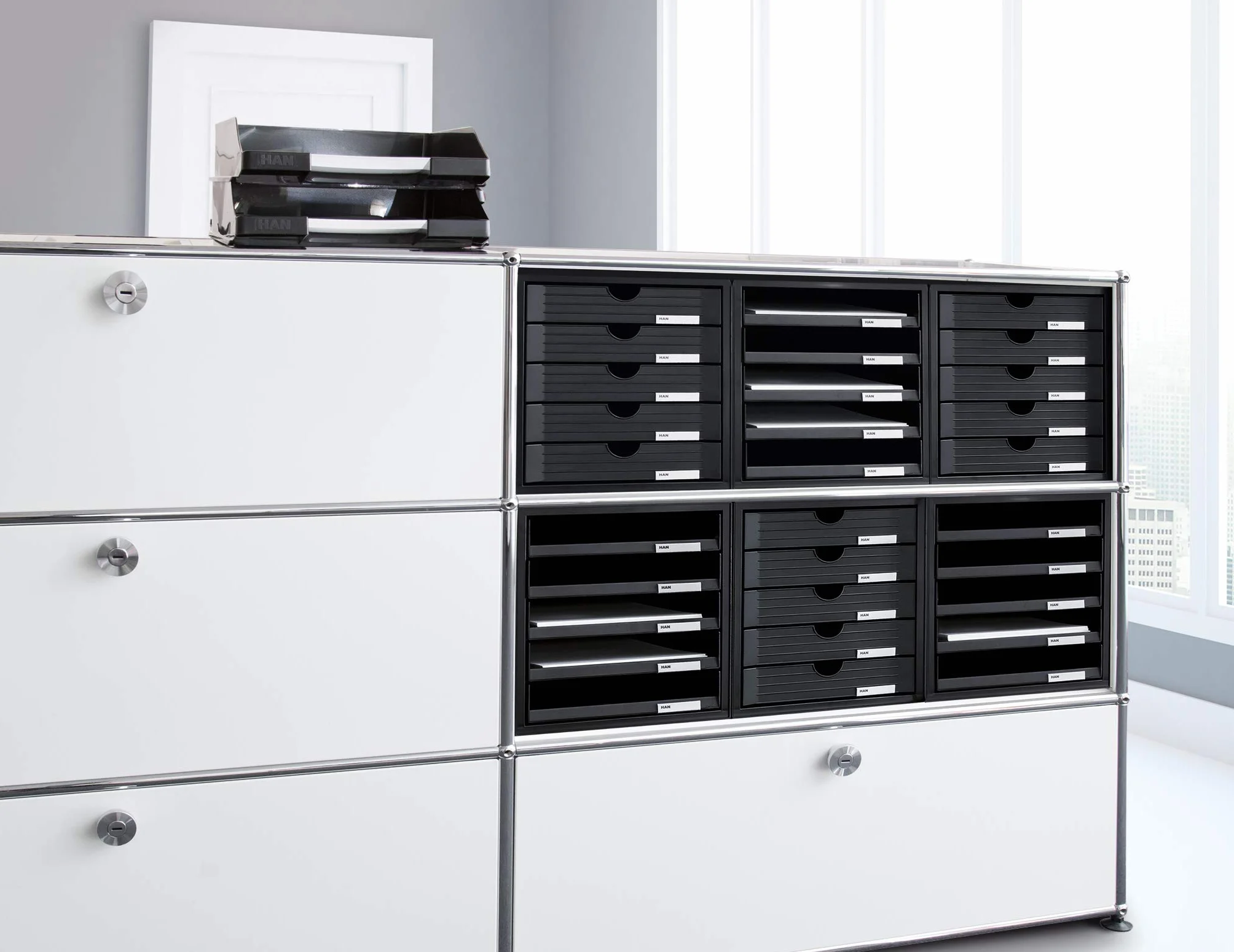 Cassettiera portadocumenti HAN SET-ARMADIO – design accattivante per documenti fino al formato C4, 5 cassetti aperti, grigio chiaro, 1401-11