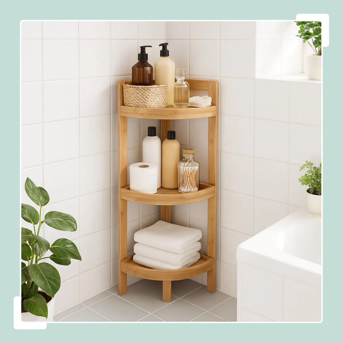 Scaffale angolare Relaxdays in bambù, 3 Ripiani semicircolari, HLP: 77x23x23 cm, scaffale da Bagno e Cucina, Compatto.