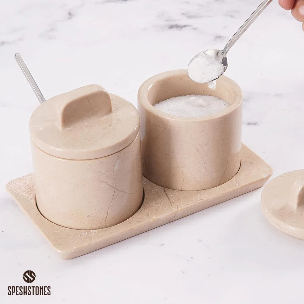 SPESHSTONES Portasale in Marmo Beige da 10,2 cm Barattolo per Sale con Coperchio, Contenitori per Sale da Tavola per Piano di Lavoro, Piatto per Sale, Portasale, Barattoli per Spezie, Zuccheriera, Set