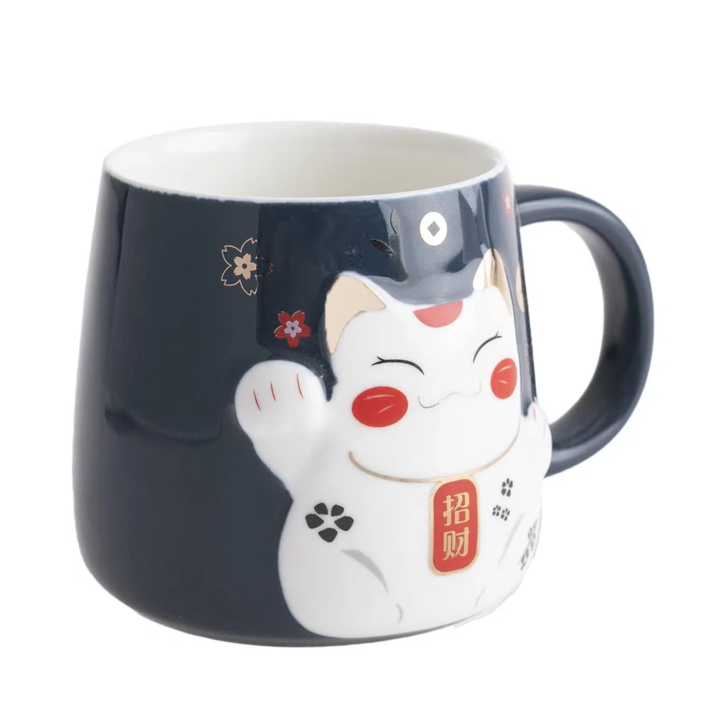 lachineuse - Tazza in rilievo - Decorazione gatto Maneki Neko - Tinta blu - Accompagnata dal suo cucchiaio - Decorazione giapponese - Idea regalo Giappone Asia